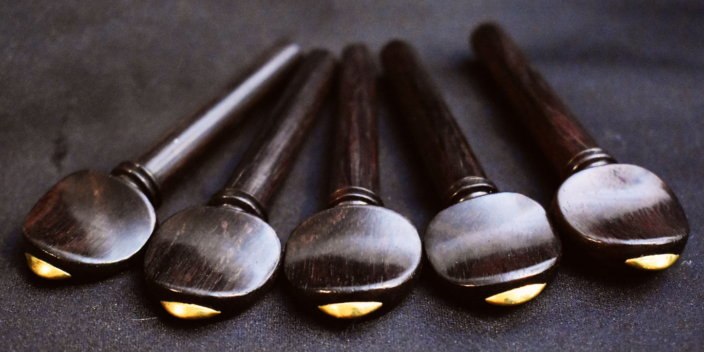 Handmade Set of Swiss Violin Pegs in Ceylonese Ebony or Indian Rosewood Decorated with a Gold Cap